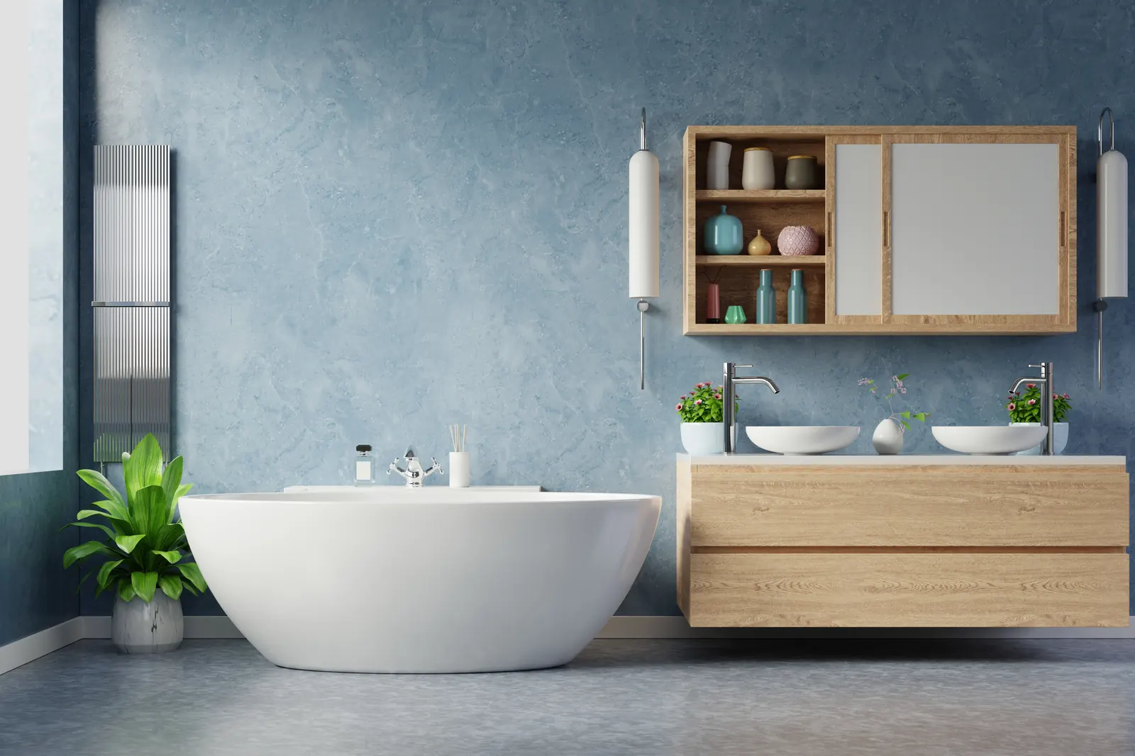 Blue plaster wall with a wall-hung oak vanity
