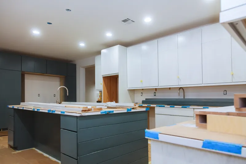 Island base and cabinets set before countertop install